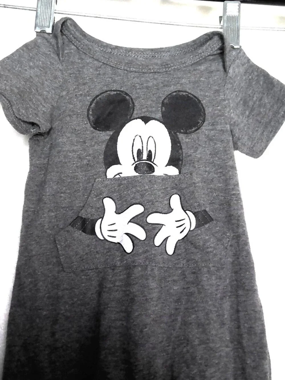Disney Baby Mickey Mouse One Piece Romper Gray Short Slv Kangaroo Pocket 3/6 M